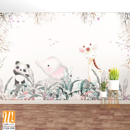 Cute animals wallpaper design for kids rooms- 3d illustration [WP-FXH-598]