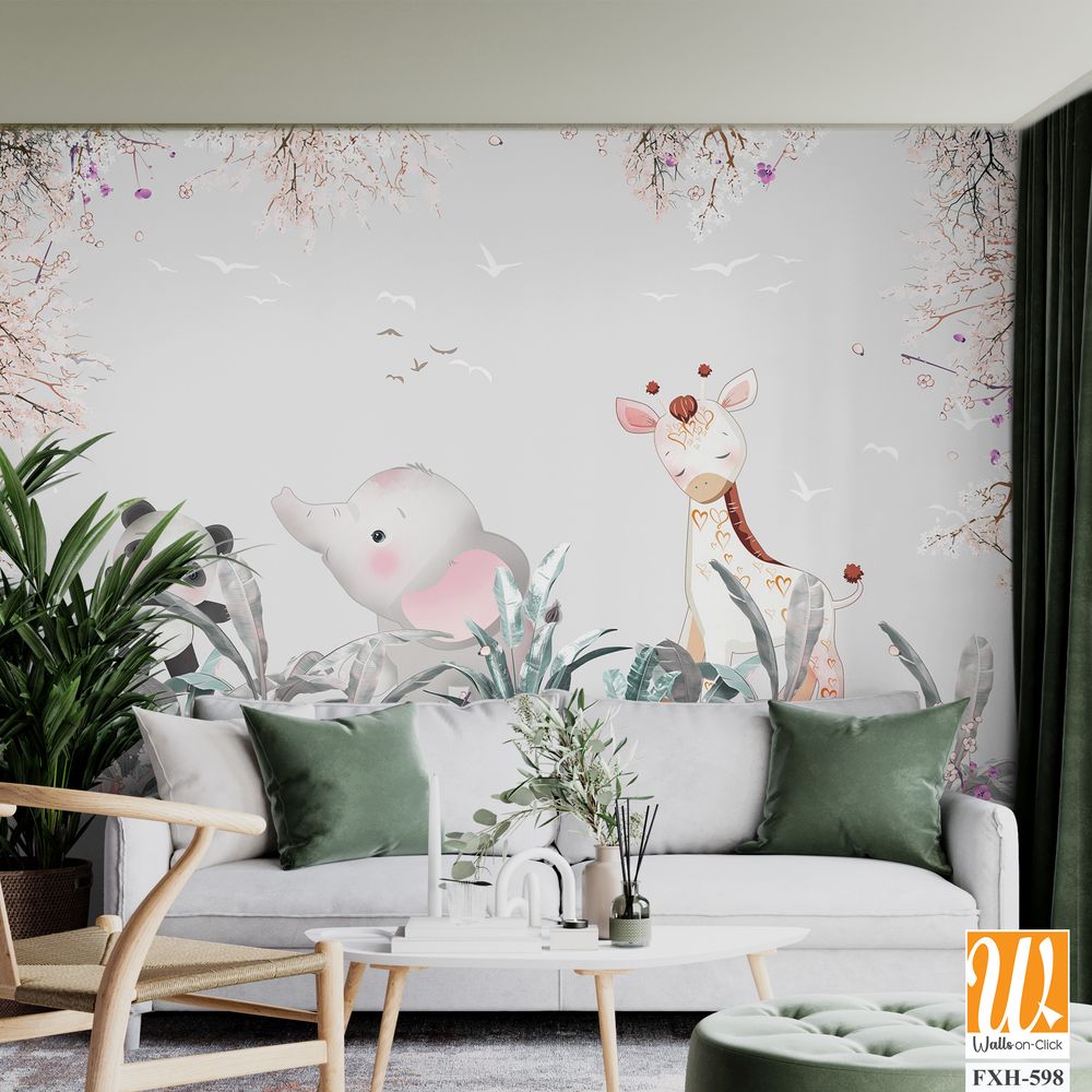 Cute animals wallpaper design for kids rooms- 3d illustration [WP-FXH-598]