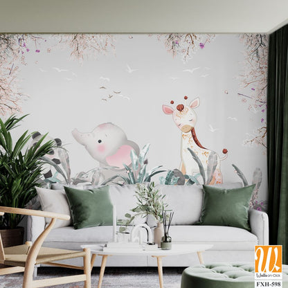 Cute animals wallpaper design for kids rooms- 3d illustration [WP-FXH-598]