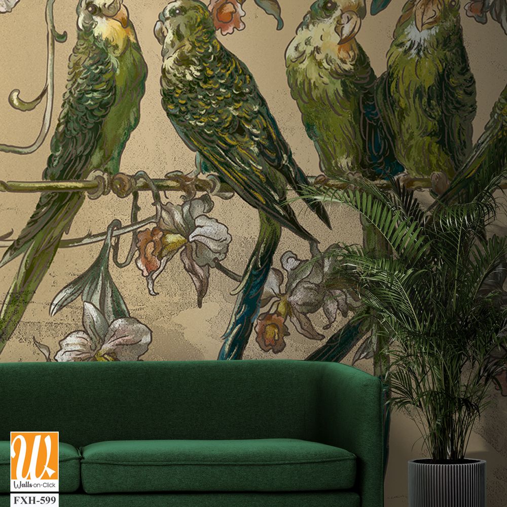 Beautiful, bright, playful parrots on a branch, art drawing on a textured background, photo wallpaper in the interior [WP-FXH-599]