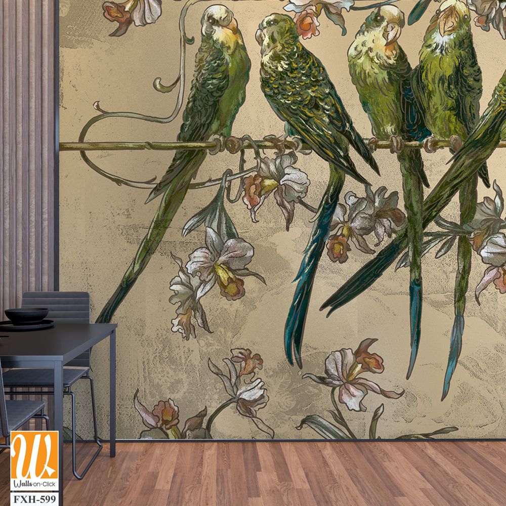Beautiful, bright, playful parrots on a branch, art drawing on a textured background, photo wallpaper in the interior [WP-FXH-599]