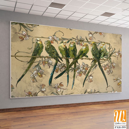 Beautiful, bright, playful parrots on a branch, art drawing on a textured background, photo wallpaper in the interior [WP-FXH-599]