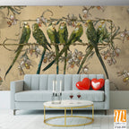Beautiful, bright, playful parrots on a branch, art drawing on a textured background, photo wallpaper in the interior [WP-FXH-599]