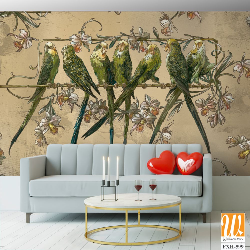 Beautiful, bright, playful parrots on a branch, art drawing on a textured background, photo wallpaper in the interior [WP-FXH-599]