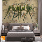 Beautiful, bright, playful parrots on a branch, art drawing on a textured background, photo wallpaper in the interior [WP-FXH-599]