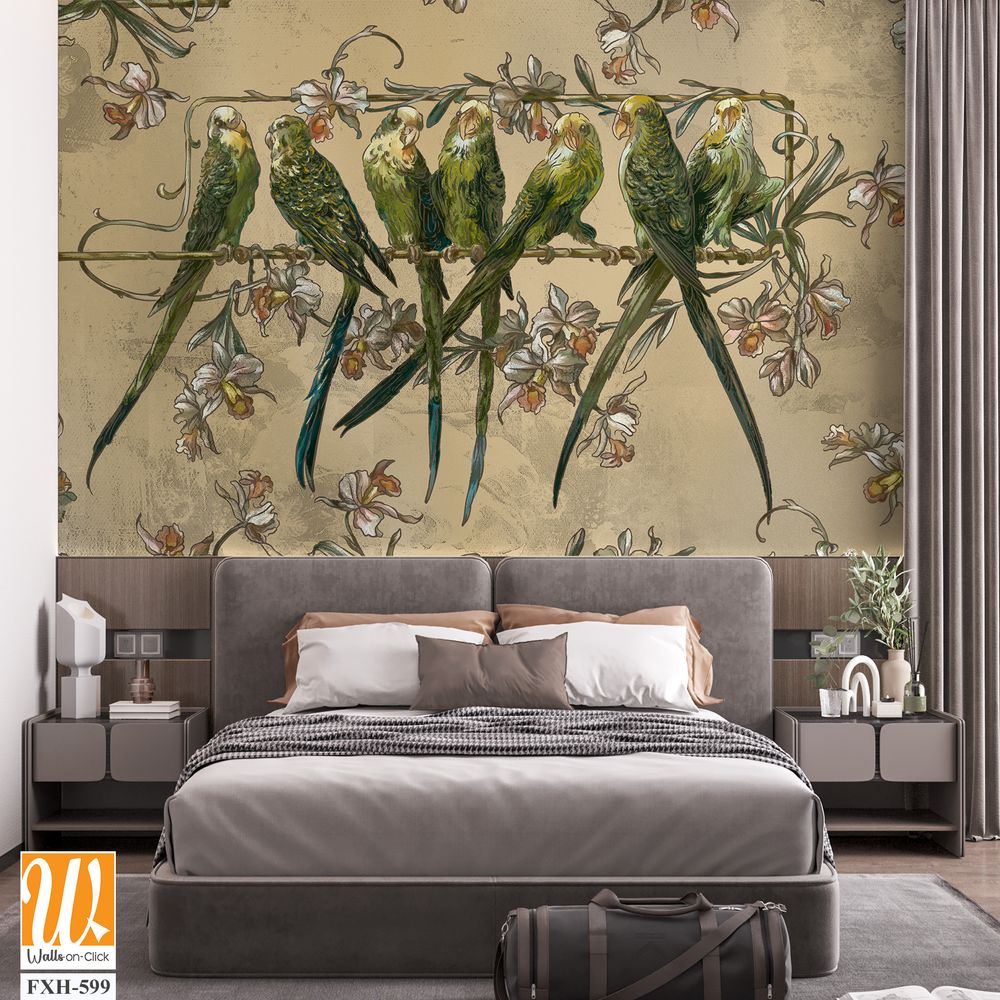 Beautiful, bright, playful parrots on a branch, art drawing on a textured background, photo wallpaper in the interior [WP-FXH-599]