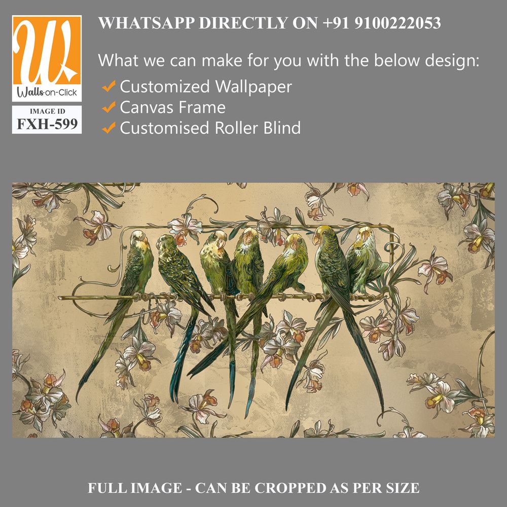 Beautiful, bright, playful parrots on a branch, art drawing on a textured background, photo wallpaper in the interior [WP-FXH-599]