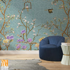 3d wallpaper design with little flowers,country style branches and flowers and birds for mural print [WP-FXH-610]