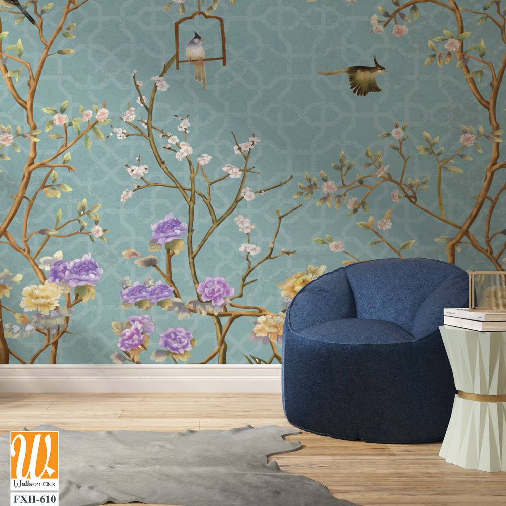 3d wallpaper design with little flowers,country style branches and flowers and birds for mural print [WP-FXH-610]