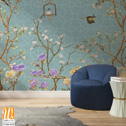 3d wallpaper design with little flowers,country style branches and flowers and birds for mural print [WP-FXH-610]