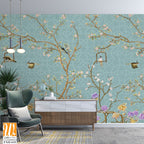 3d wallpaper design with little flowers,country style branches and flowers and birds for mural print [WP-FXH-610]