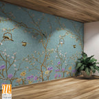 3d wallpaper design with little flowers,country style branches and flowers and birds for mural print [WP-FXH-610]