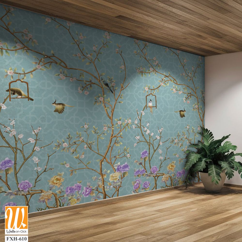 3d wallpaper design with little flowers,country style branches and flowers and birds for mural print [WP-FXH-610]