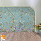 3d wallpaper design with little flowers,country style branches and flowers and birds for mural print [WP-FXH-610]