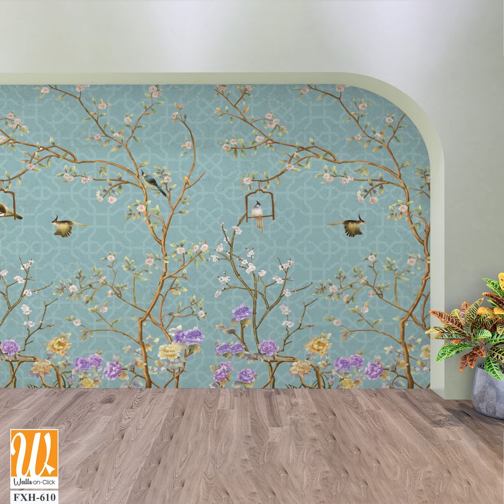 3d wallpaper design with little flowers,country style branches and flowers and birds for mural print [WP-FXH-610]