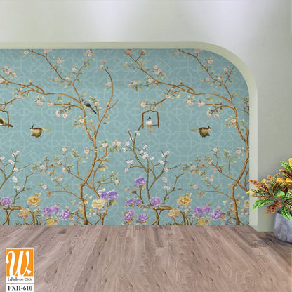 3d wallpaper design with little flowers,country style branches and flowers and birds for mural print [WP-FXH-610]