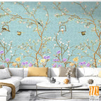 3d wallpaper design with little flowers,country style branches and flowers and birds for mural print [WP-FXH-610]