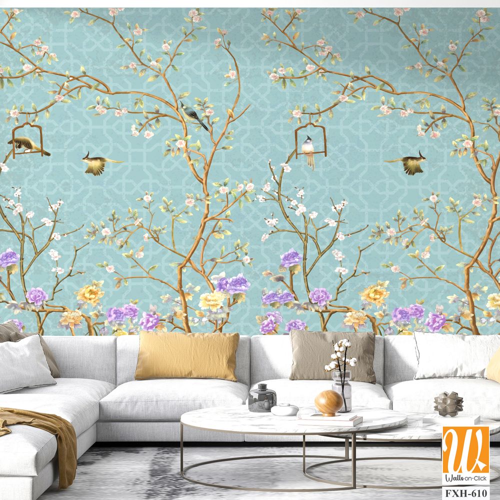 3d wallpaper design with little flowers,country style branches and flowers and birds for mural print [WP-FXH-610]