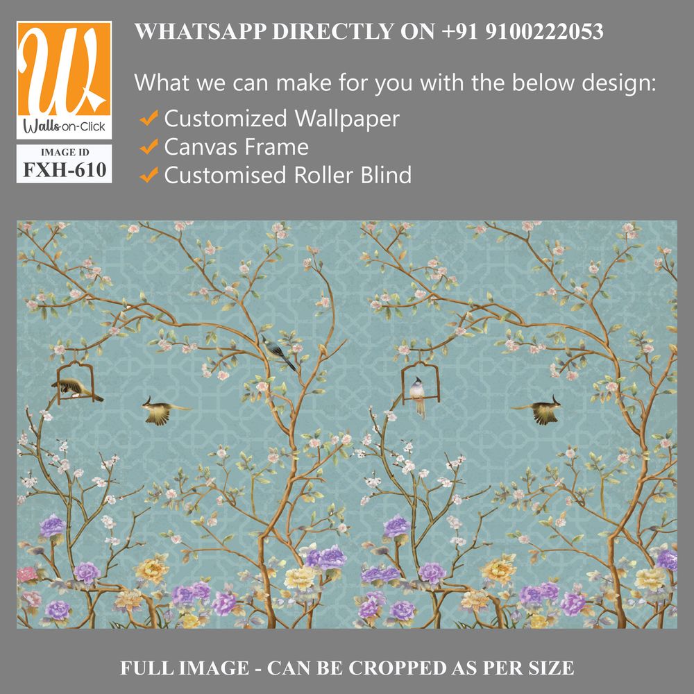 3d wallpaper design with little flowers,country style branches and flowers and birds for mural print [WP-FXH-610]