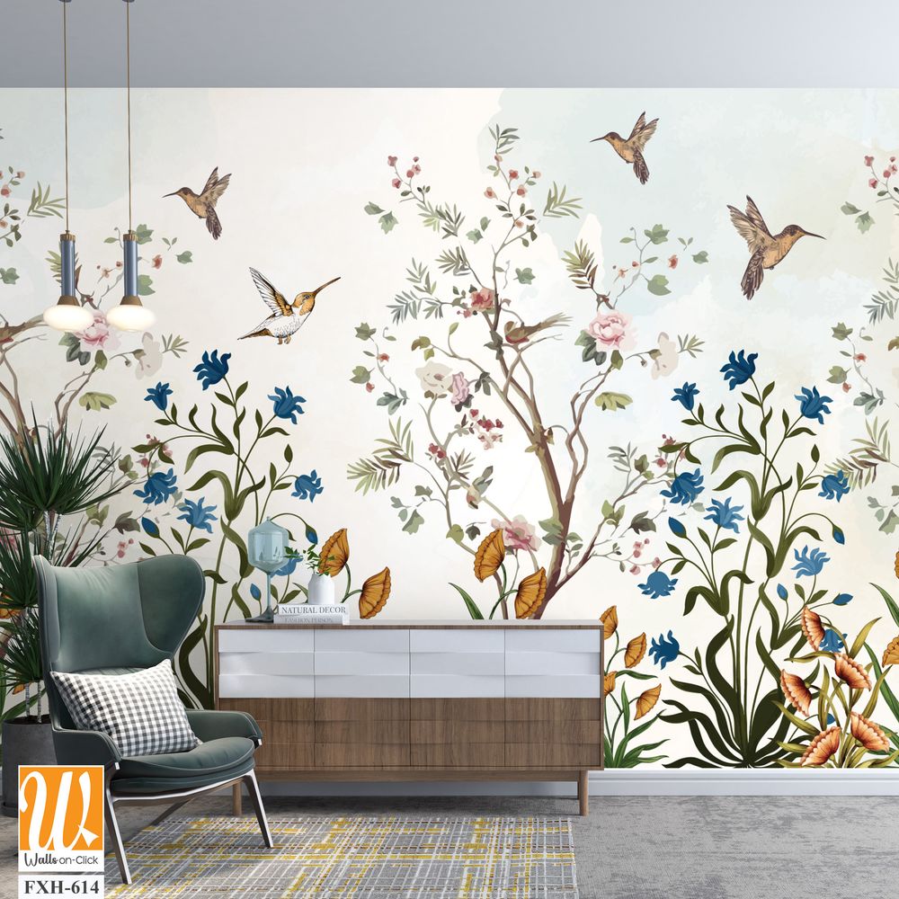 Vintage tree Background, Vintage Flower Background Design. Vintage Bird. [WP-FXH-614]
