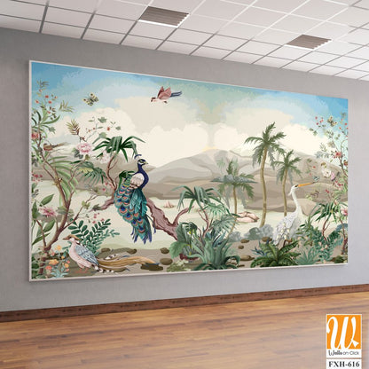 Traditional Forest garden with watercolor tree, vector flower, watercolor background. [WP-FXH-616]