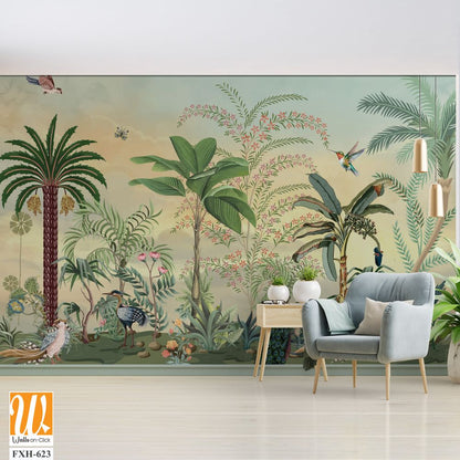 Traditional mughal garden illustration, Botanic landscape Wall paper Design. [WP-FXH-623]