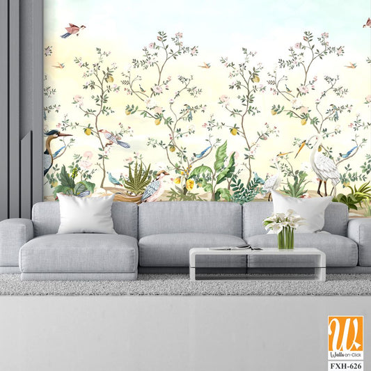 Blossom Chinoisserie Mural Silver Wallpaper, Watercolor background, birds, Tropical plant [WP-FXH-626]
