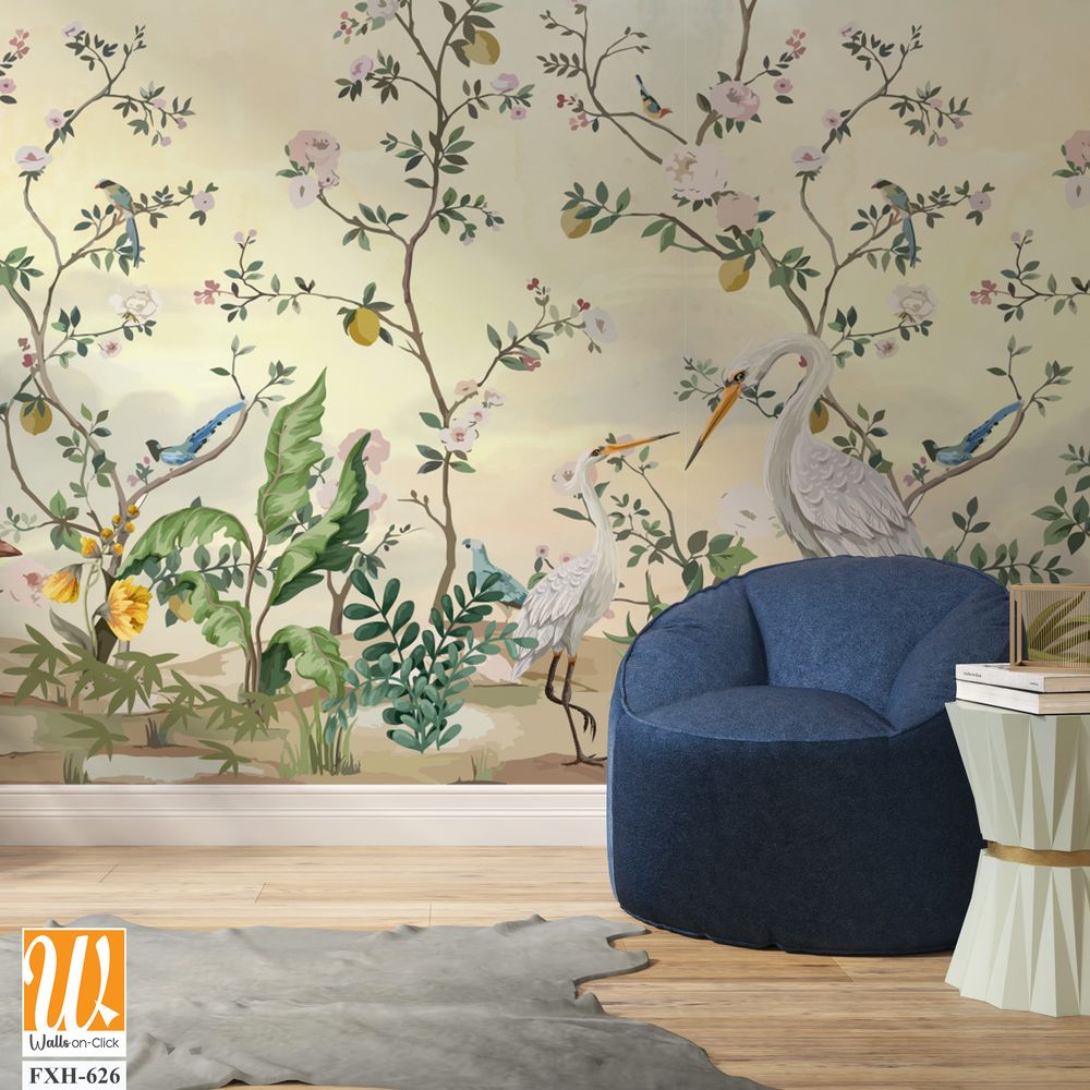 Blossom Chinoisserie Mural Silver Wallpaper, Watercolor background, birds, Tropical plant [WP-FXH-626]