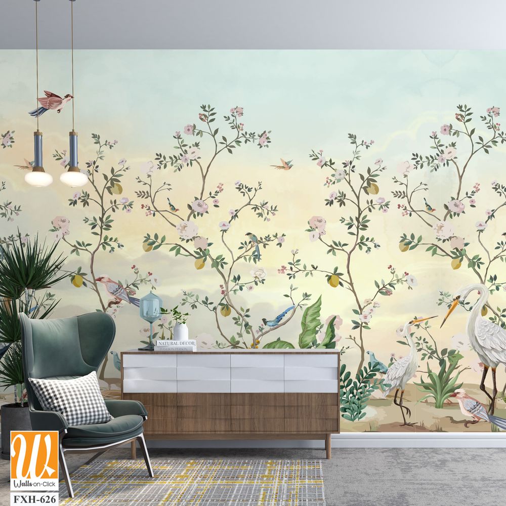 Blossom Chinoisserie Mural Silver Wallpaper, Watercolor background, birds, Tropical plant [WP-FXH-626]