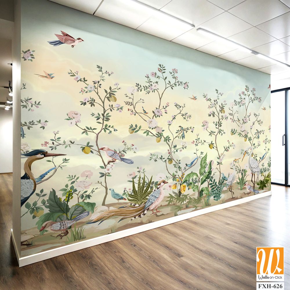 Blossom Chinoisserie Mural Silver Wallpaper, Watercolor background, birds, Tropical plant [WP-FXH-626]