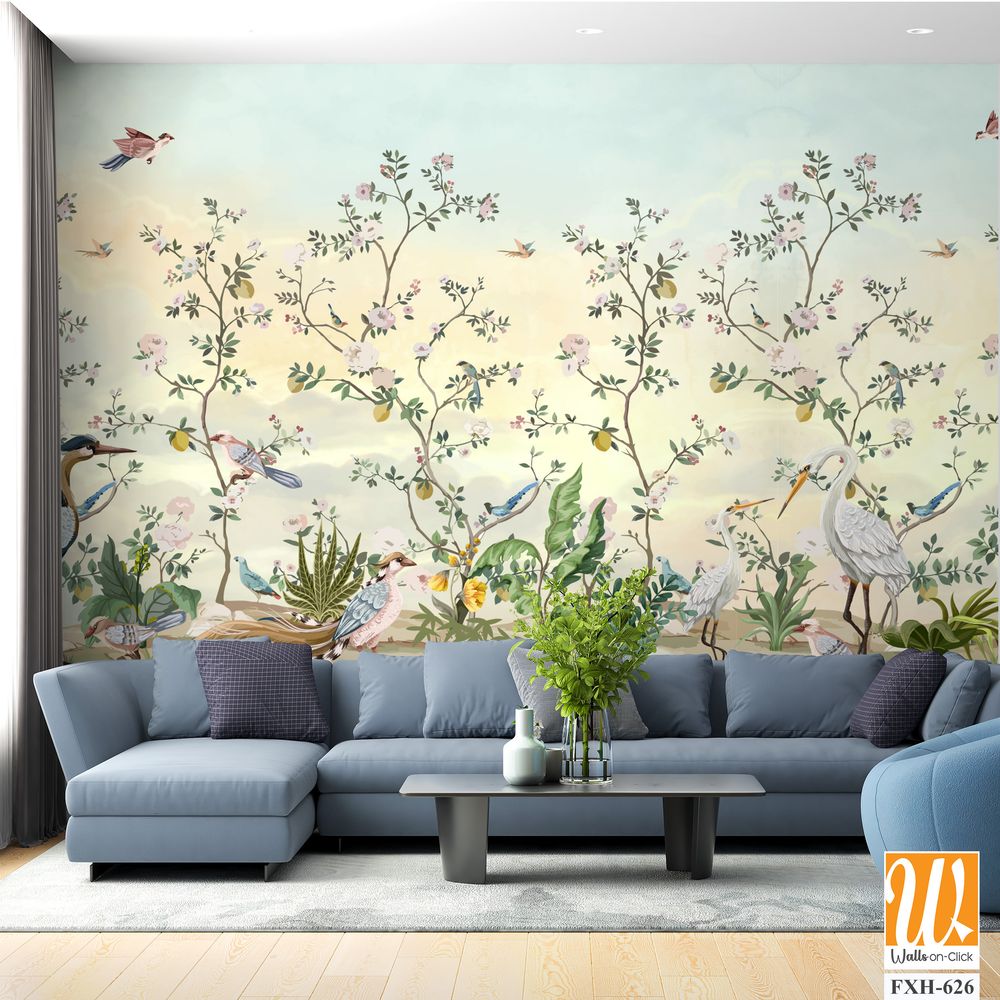 Blossom Chinoisserie Mural Silver Wallpaper, Watercolor background, birds, Tropical plant [WP-FXH-626]