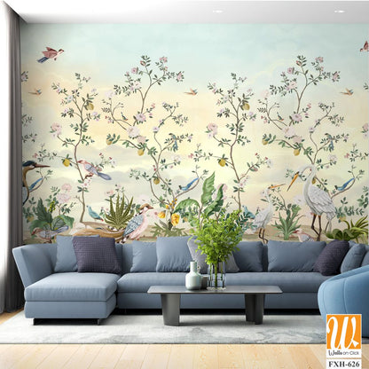 Blossom Chinoisserie Mural Silver Wallpaper, Watercolor background, birds, Tropical plant [WP-FXH-626]