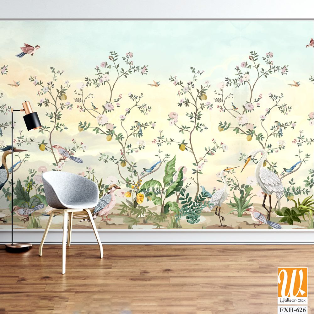 Blossom Chinoisserie Mural Silver Wallpaper, Watercolor background, birds, Tropical plant [WP-FXH-626]