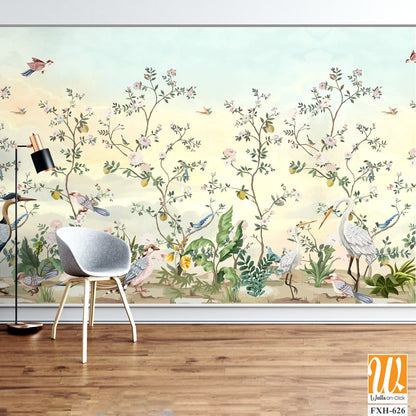 Blossom Chinoisserie Mural Silver Wallpaper, Watercolor background, birds, Tropical plant [WP-FXH-626]