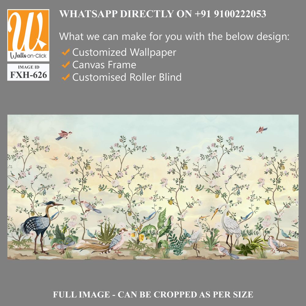 Blossom Chinoisserie Mural Silver Wallpaper, Watercolor background, birds, Tropical plant [WP-FXH-626]