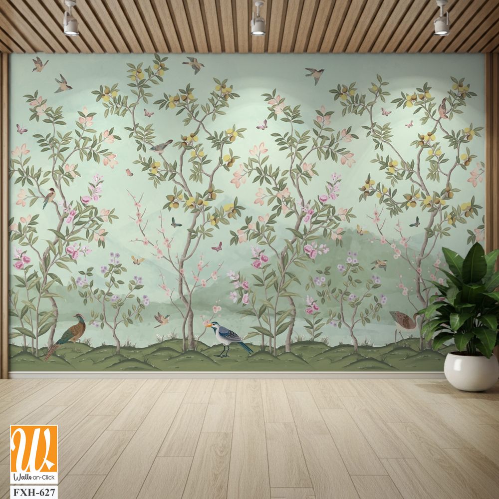 Blossom tree With sparrow, finches, butterflies, dragonflies. Seamless pattern, background. Vector illustration. Chinoiserie, traditional oriental botanical motif. [WP-FXH-627]