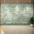 Blossom tree With sparrow, finches, butterflies, dragonflies. Seamless pattern, background. Vector illustration. Chinoiserie, traditional oriental botanical motif. [WP-FXH-627]