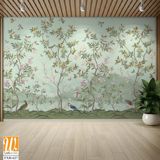 Blossom tree With sparrow, finches, butterflies, dragonflies. Seamless pattern, background. Vector illustration. Chinoiserie, traditional oriental botanical motif. [WP-FXH-627]