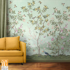 Blossom tree With sparrow, finches, butterflies, dragonflies. Seamless pattern, background. Vector illustration. Chinoiserie, traditional oriental botanical motif. [WP-FXH-627]