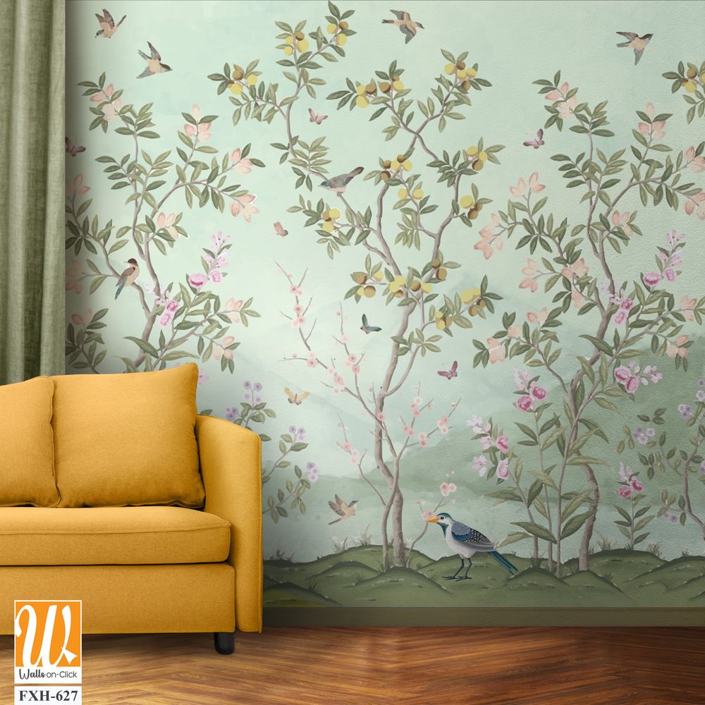 Blossom tree With sparrow, finches, butterflies, dragonflies. Seamless pattern, background. Vector illustration. Chinoiserie, traditional oriental botanical motif. [WP-FXH-627]
