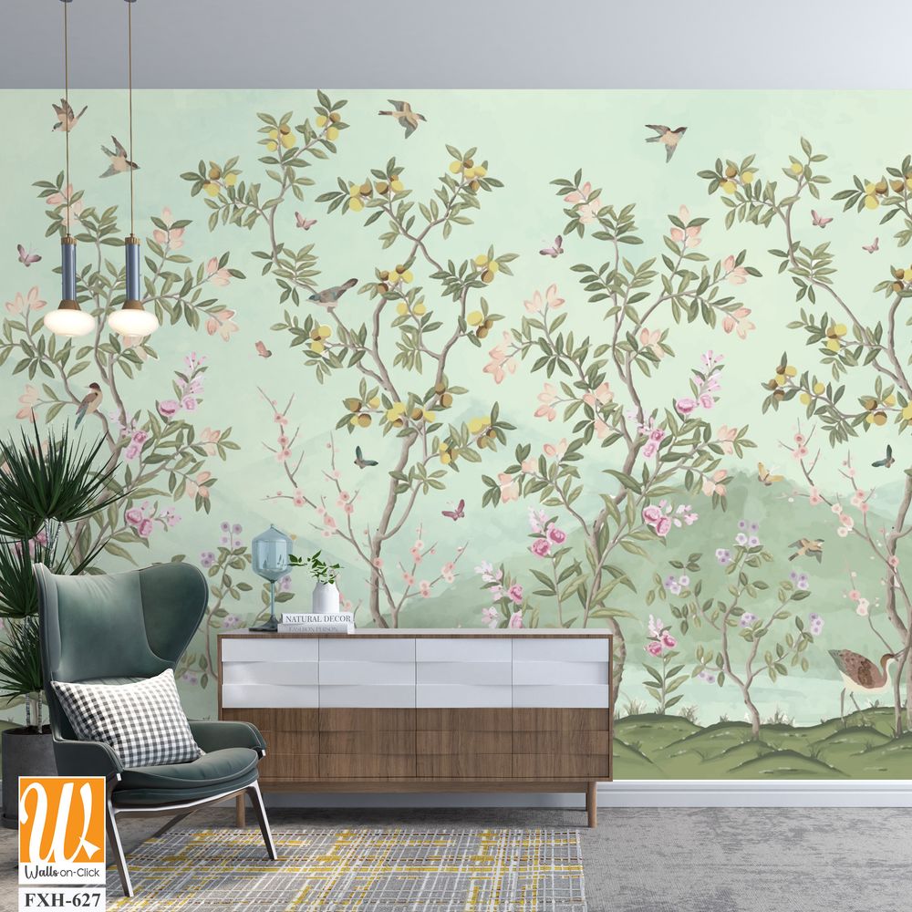 Blossom tree With sparrow, finches, butterflies, dragonflies. Seamless pattern, background. Vector illustration. Chinoiserie, traditional oriental botanical motif. [WP-FXH-627]