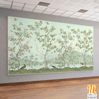 Blossom tree With sparrow, finches, butterflies, dragonflies. Seamless pattern, background. Vector illustration. Chinoiserie, traditional oriental botanical motif. [WP-FXH-627]