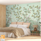 Blossom tree With sparrow, finches, butterflies, dragonflies. Seamless pattern, background. Vector illustration. Chinoiserie, traditional oriental botanical motif. [WP-FXH-627]