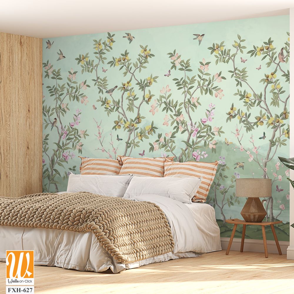 Blossom tree With sparrow, finches, butterflies, dragonflies. Seamless pattern, background. Vector illustration. Chinoiserie, traditional oriental botanical motif. [WP-FXH-627]