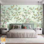 Blossom tree With sparrow, finches, butterflies, dragonflies. Seamless pattern, background. Vector illustration. Chinoiserie, traditional oriental botanical motif. [WP-FXH-627]