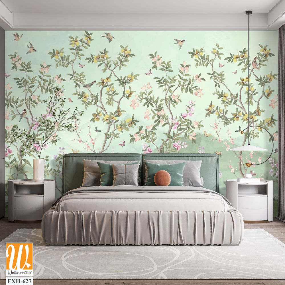 Blossom tree With sparrow, finches, butterflies, dragonflies. Seamless pattern, background. Vector illustration. Chinoiserie, traditional oriental botanical motif. [WP-FXH-627]