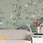 Chinoiseries style Seamless pattern with peonies trees, butterfly and birds . Vector. [WP-FXH-630]