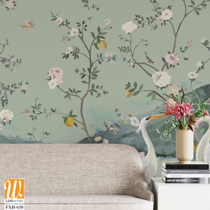 Chinoiseries style Seamless pattern with peonies trees, butterfly and birds . Vector. [WP-FXH-630]