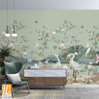 Chinoiseries style Seamless pattern with peonies trees, butterfly and birds . Vector. [WP-FXH-630]