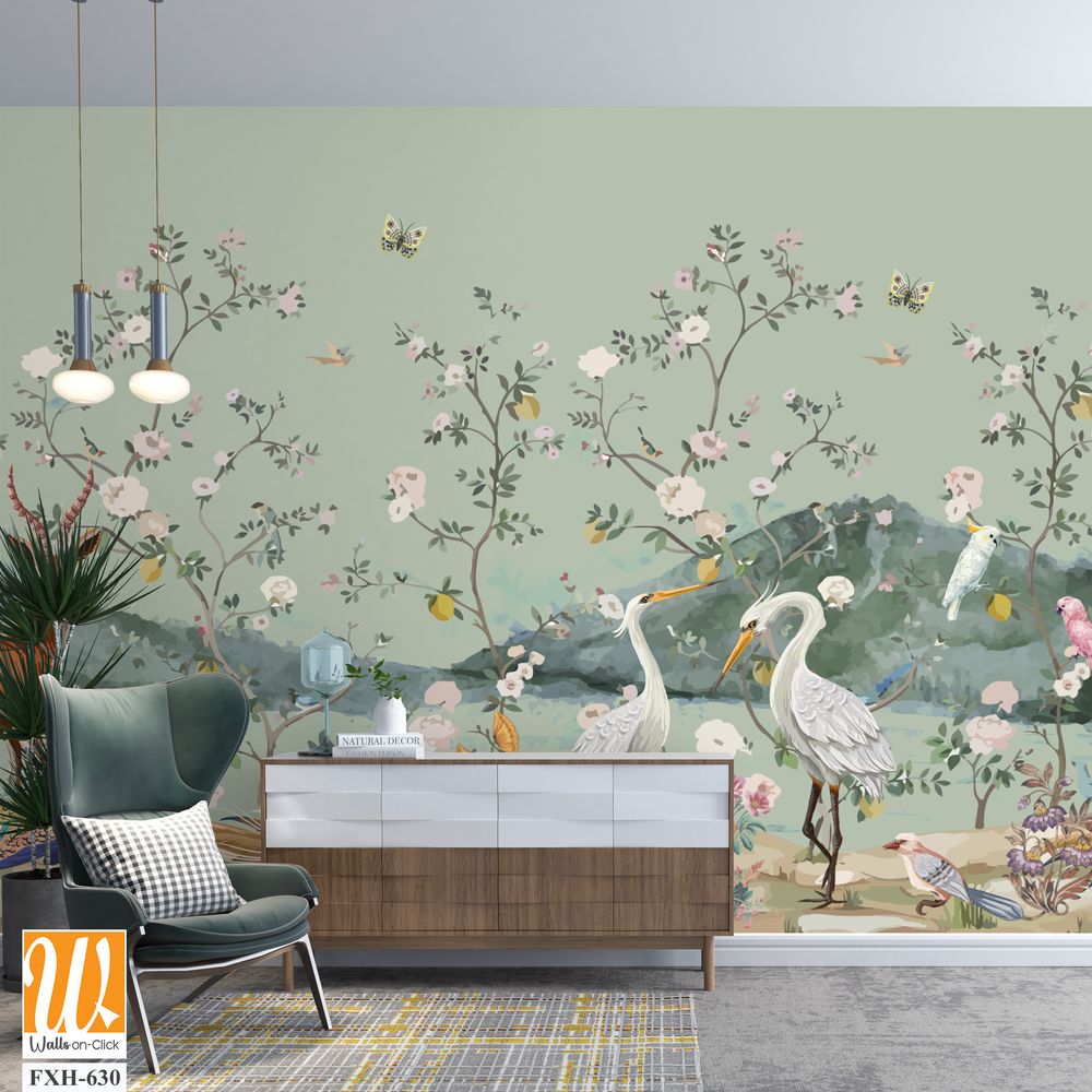 Chinoiseries style Seamless pattern with peonies trees, butterfly and birds . Vector. [WP-FXH-630]